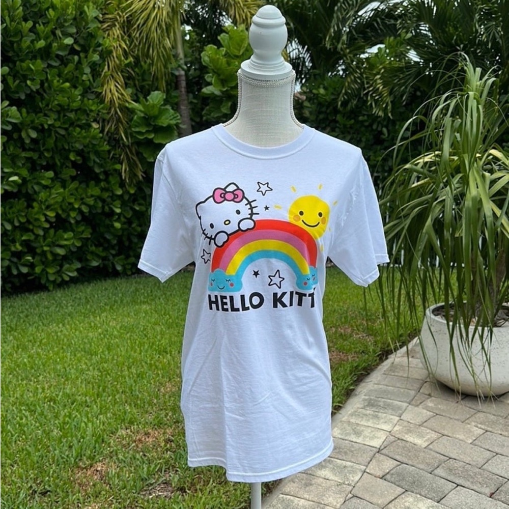 Sanrio Hello Kitty Rainbow Happy Face White Cotton Tee T Shirt Top Size S Small